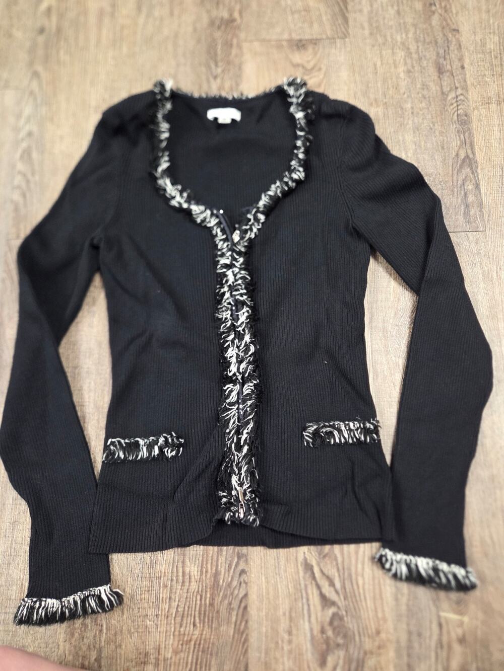 Cache Size S Black Cream Frail Ruffle Trim Cardigan Sweater Women Style Ribbed